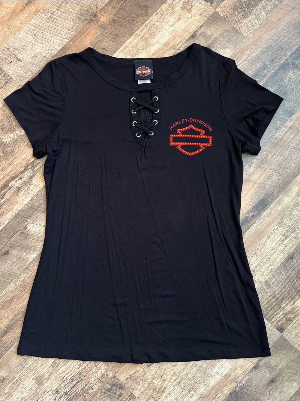 Harley-Davidson Black Short Sleeve Lace-Up Tee with Red Logo